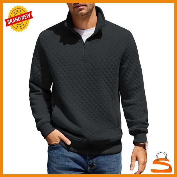 Men's Quarter Zip Pullover Quilted Sweatshirt Mock Neck Pocket